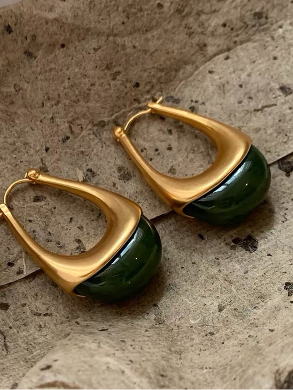 24k Gold plated and Dark Green Hoop Drop Earrings - Elegant Women's Jewelry